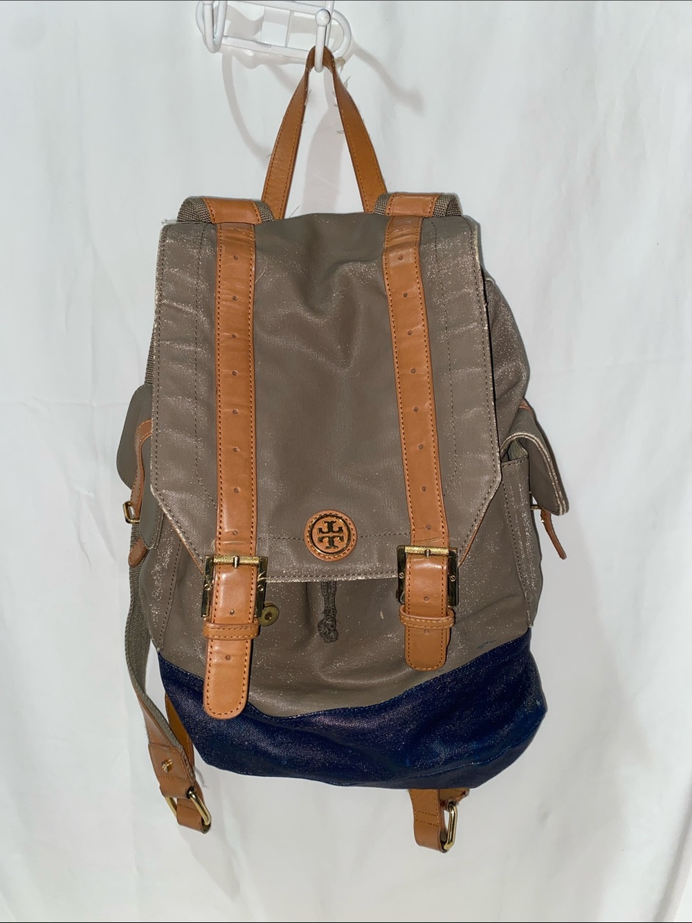 Tory Burch Taupe & Navy Backpack with Tan Leather Trim